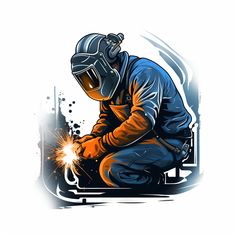 welder in protective gear grinding metal with grinder on white background, digital illustration