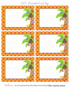 four printable food labels with palm trees and dots on the bottom, one for each