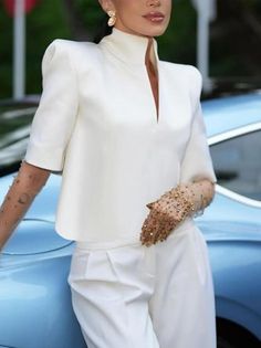 Women Plain Summer Urban Polyester Stand Collar Micro-Elasticity Regular H-Line Regular Shirts Dressy Tops For Wedding, Formal Blouses, Urban Shirt, Stand Collar Blouse, Plain Blouse, Chic Blouses, 60 Fashion, Fitted Blouses, Fall Clothes