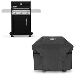 two bbq grills with cover on them, one black and the other gray