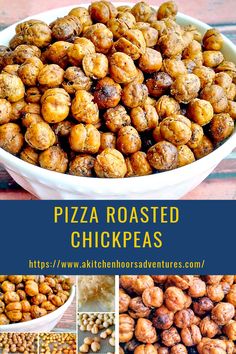 roasted chickpeas in a white bowl with text overlay that reads, pizza roasted chick peas