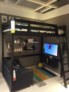 a loft bed with a tv and ladders to the top bunk is shown in this room