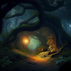 an image of a dark forest with light coming from the entrance and trees growing out of it