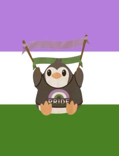 a penguin holding two sticks in front of a purple, white and green striped background