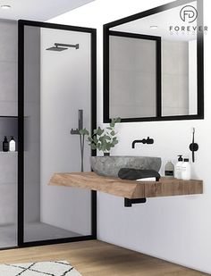 a bathroom with a sink, mirror and shower stall