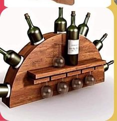 a wooden wine rack with six bottles on it and two corks sticking out of the top