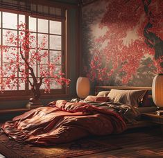 a bedroom with a large bed and red flowers on the wall next to two lamps