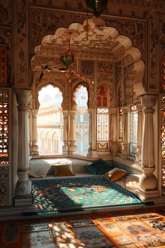 an intricately decorated room with sun shining through the windows and rugs on the floor