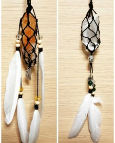 two pictures of an orange and white dream catcher