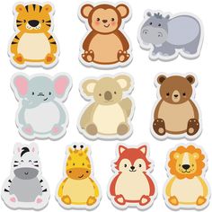 various animal stickers are shown in different colors and sizes, including zebra, tiger, bear