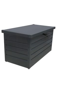 an outdoor storage box with the lid closed and no door on it, in front of a white background