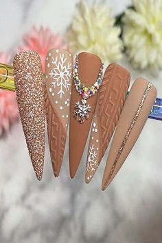 Sweater Nails Designs Fall, Sweater Nails Stiletto, Sweater Nail Art Designs, Fall Sweater Nail Design, Moody Winter Nails, Christmas Snow Nails, Fall And Christmas Nails, French Tip Sweater Nails, Christmas Sweater Nail Designs