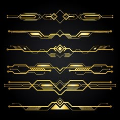 a set of golden lines on a black background, in the style of art deco