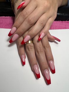 Red French Tip Coffin Acrylic Nails, Red French Tip Nails Coffin Medium, Red French Tip Nails With Initial, Red Triangle French Tip Nails, Red Coffin French Tip Nails, Red French Tip Coffin Nails, Coffin Red French Tip Nails, Red French Tip Nails With Design, Red French Tip Nails Coffin