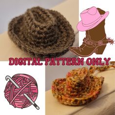 the collage shows different types of crochet and knitting items, including a ball of yarn with a pink hat on top