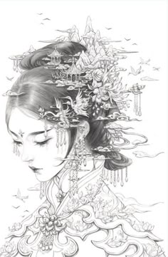 Geisha Drawing, Tato Mandala, Beauty Drawing, Drawing Collection, Japanese Drawings, Line Sketch