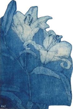 a drawing of flowers in blue and white on a piece of paper that has been altered to look like fabric