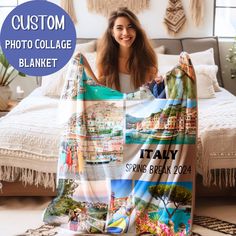 a woman is holding up a blanket with pictures on it and the words, custom photo collage blanket spring break 2014