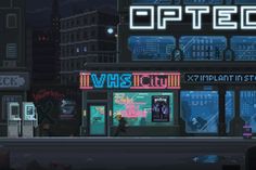 an image of a city at night with neon signs