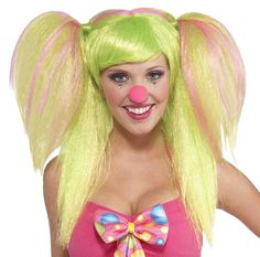 The audience will cheer in happy delight when you take the spotlight in our adult Lollipop Lily Wig. It will give you a look that is sweeter than candy on a stick! From the Circus Sweetie collection, our women's Lollipop Lily Wig features lime green synthetic hair streaked with pink strands. It is styled into high half pig tails with the lower layer staying loose to fall past the shoulders and long bangs to brush to the side. This big top beauty will be everyone's favorite circus act... Halloween Circus Theme, Circus Costume Ideas, Blondish Hair, Halloween Accessories Jewelry, Clown Pictures, Funny Halloween Costumes For Friends, Adult Toy Store, Crazy Clown, Clown Wig