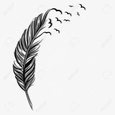 a black and white drawing of a feather with birds flying in the sky behind it