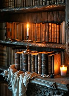 an old book shelf filled with books and a lit candle