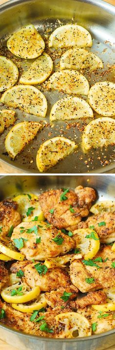 two pans filled with chicken and lemon slices