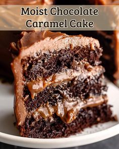 a close up of a piece of cake on a plate with the words moist chocolate caramel cake