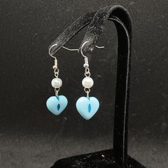 Glass Beads In A Dangle Earring. Made By Me, Never Worn. Blue Heart Earrings, Blue Heart Bead Earrings, Elegant Heart-shaped Earrings With Dangling Beads, Blue Heart Drop Earrings, Blue Heart Charm Drop Earrings, Blue Handmade Heart Drop Earrings, Handmade Blue Heart Drop Earrings, Blue Dangle Heart Earrings With Heart Beads, Blue Heart-shaped Earrings With Ear Wire