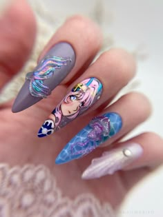 Kokomi Nails, Pearl Jellyfish, Genshin Impact Sangonomiya Kokomi, Y2k Nail, Anime Nail, Sangonomiya Kokomi, Anniversary Cards Handmade, Fantasy Nails, Anime Nails