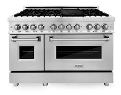 a stainless steel oven with four burners and two oven doors on each side, in front of a white background