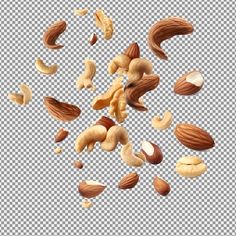 nuts falling into the air on a transparent background