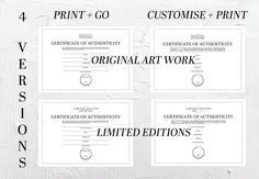 four certificates with the words certified art work written in black and white on them