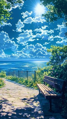 a bench sitting on top of a sidewalk next to a lush green forest under a blue sky