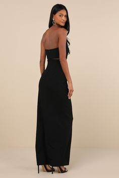 Prepare for countless admiring glances when you're wearing the Lulus Enticing Silhouette Black Mesh Strapless Maxi Dress! This alluring dress has a stretchy crepe knit fabrication that shapes a strapless bodice with a straight neckline, hidden no-slip strips, and supportive boning at the sides. A sheer mesh panel accents the high, fitted waist, all atop a column skirt with an elegant maxi hem. Hidden back zipper/clasp. Fit: This garment fits true to size. Length: Floor length. Size medium measur Sweetheart Neckline Elastane Party Dress, Party Dress With Sweetheart Neckline In Elastane, Elegant Strapless Elastane Dress For Date Night, Elegant Elastane Strapless Dress For Date Night, Evening Dress With Sweetheart Neckline In Elastane, Backless Elastane Dress With Back Zipper, Backless Dress With Back Zipper In Elastane, Strapless Elastane Midi Dress For Party, Fitted Strapless Elastane Dress For Evening