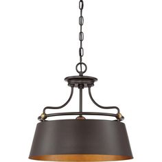 a light fixture hanging from the ceiling with an iron chain and wooden shades on it