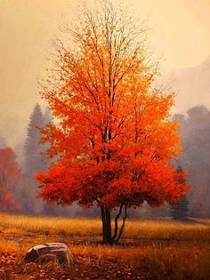 an oil painting of a tree with orange leaves