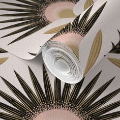 an artistic wallpaper with black and gold designs on it's sides, including palm leaves