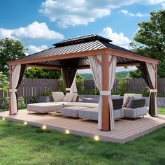 an outdoor gazebo with couches and lights around it