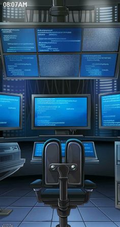 an image of a computer room with multiple monitors