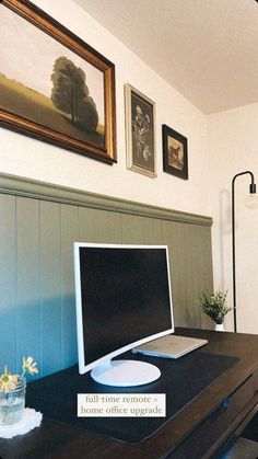 Home Office Accent Wall | Green Accent Wall | Shiplap | Chair Rail | Wall Art Green Chair, Modern Office, New Builds