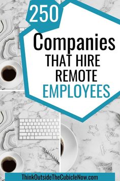 the words, companies that hire remote employees are overlaid by photos of coffee cups and keyboard