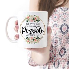 Bible Mug, Bible Verse Coffee Mug, Christian Mug, Floral Glitter Inspirational Mug, Scripture Ceramic Mug, With God All Things Are Possible Moose Family, Moose Mug, Christian Mug, Mugs Ceramic, Coffee Pictures, Realtor Gifts, Son Of God, Gold Flowers, Idaho