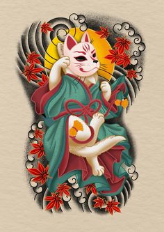 Kitty Tattoos, Maneki Neko, Anime Tattoos, Japanese Tattoo, Color Tattoo, Tattoo Art, Pencil Drawings