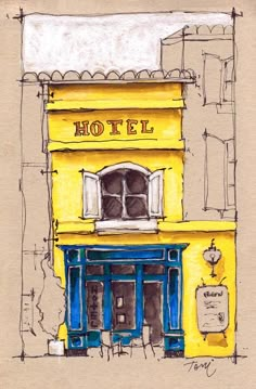 a drawing of a yellow building with blue trim and windows on the front, next to a sign that reads hotel