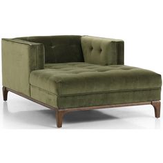 an olive green velvet chaise lounge chair with wooden legs and foot rest, viewed from the front