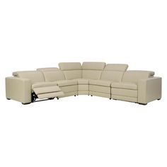 a white leather sectional sofa with recliners on the bottom and one arm extended