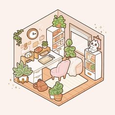 an illustration of a living room filled with plants