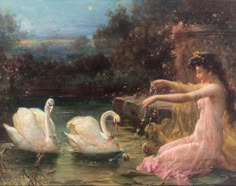 a painting of a woman feeding two swans