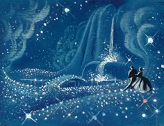 a painting of a man and woman standing in front of a waterfall with stars on it